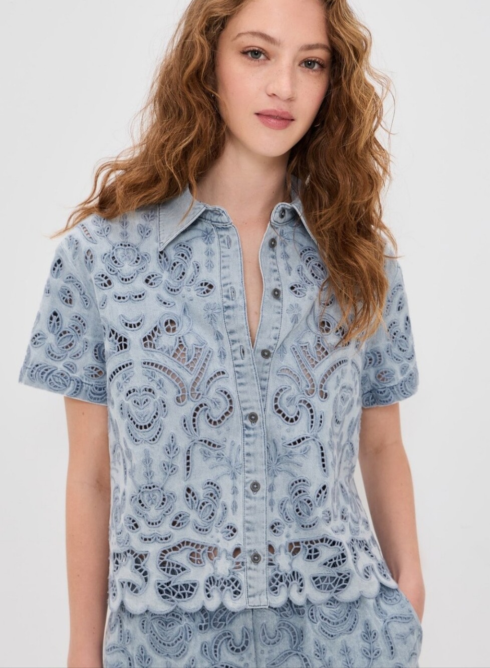 ALICE + OLIVIA Lane Embroidered Denim Button-Front Shirt